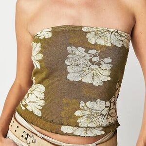 Free people XS Tube Blouse Top Strapless Floral Smocked Ruffle Olive/Cream